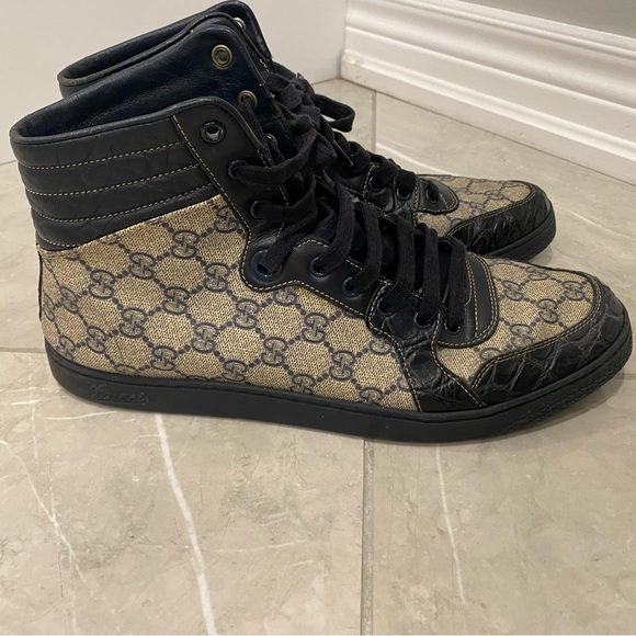 Gucci Navy Blue Monogram Croc Leather Hightop Sneakers - Picture 3 of 7